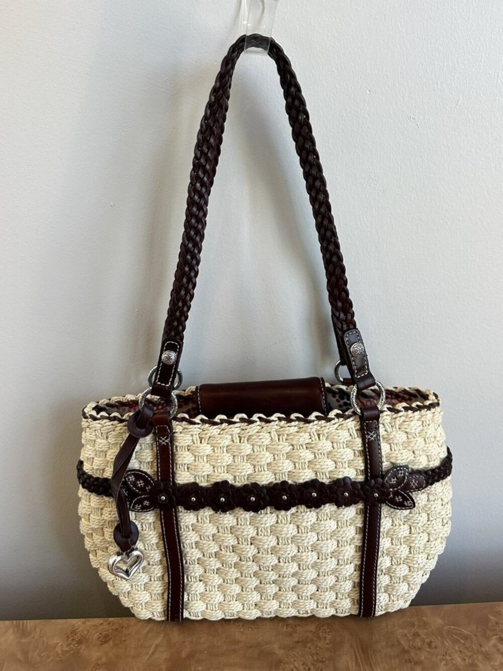 Brighton Peggy Straw Leather Tote Woven Basket Floral Trim Charm Bag